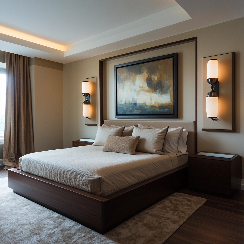 beige and dark wood bedroom 53