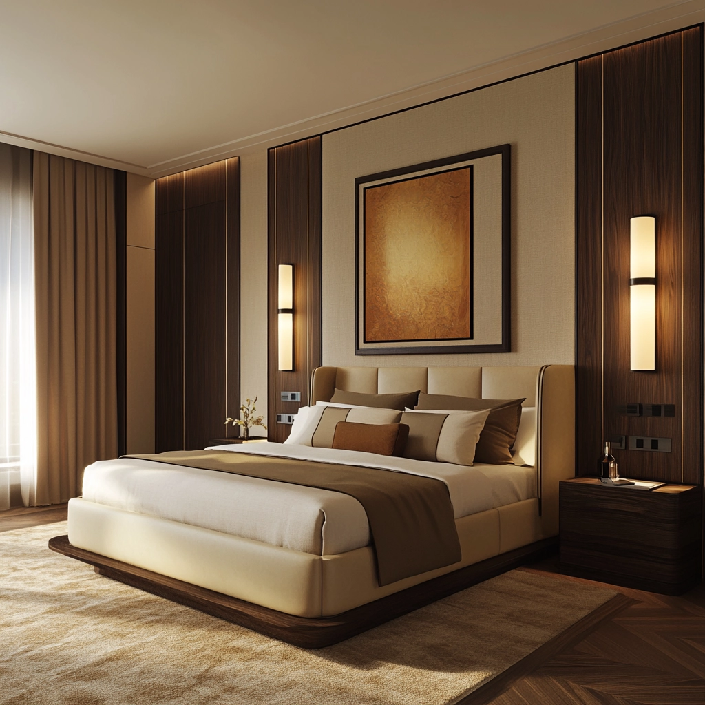 beige and dark wood bedroom 54