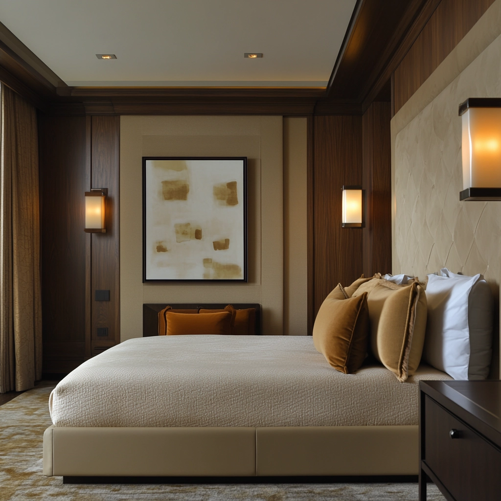 beige and dark wood bedroom 55