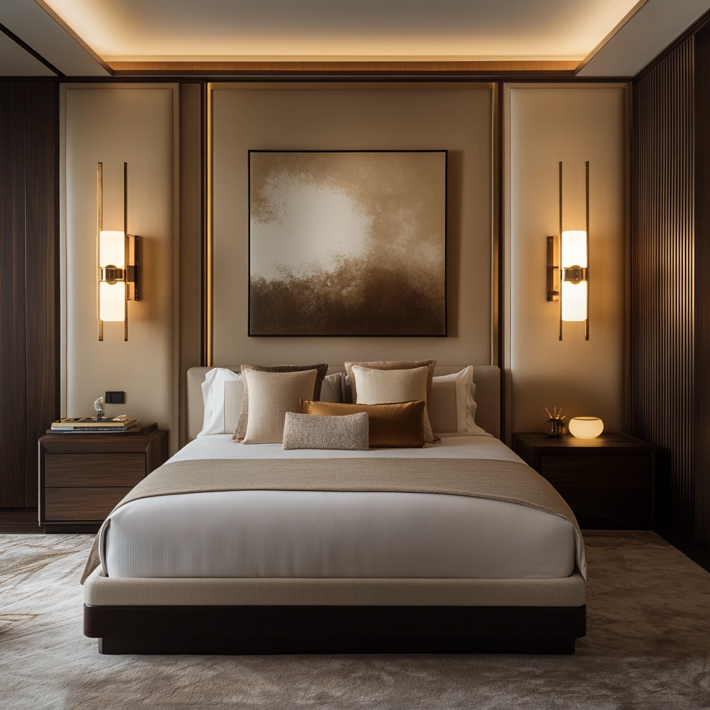 beige and dark wood bedroom 56