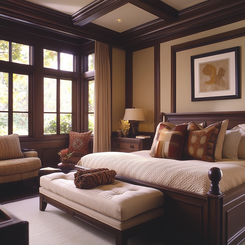 beige and dark wood bedroom 57