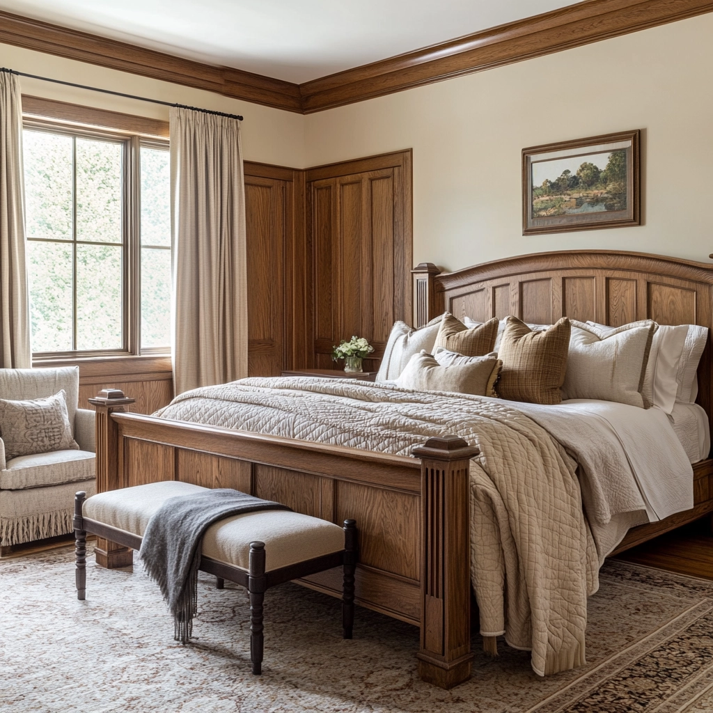 beige and dark wood bedroom 58
