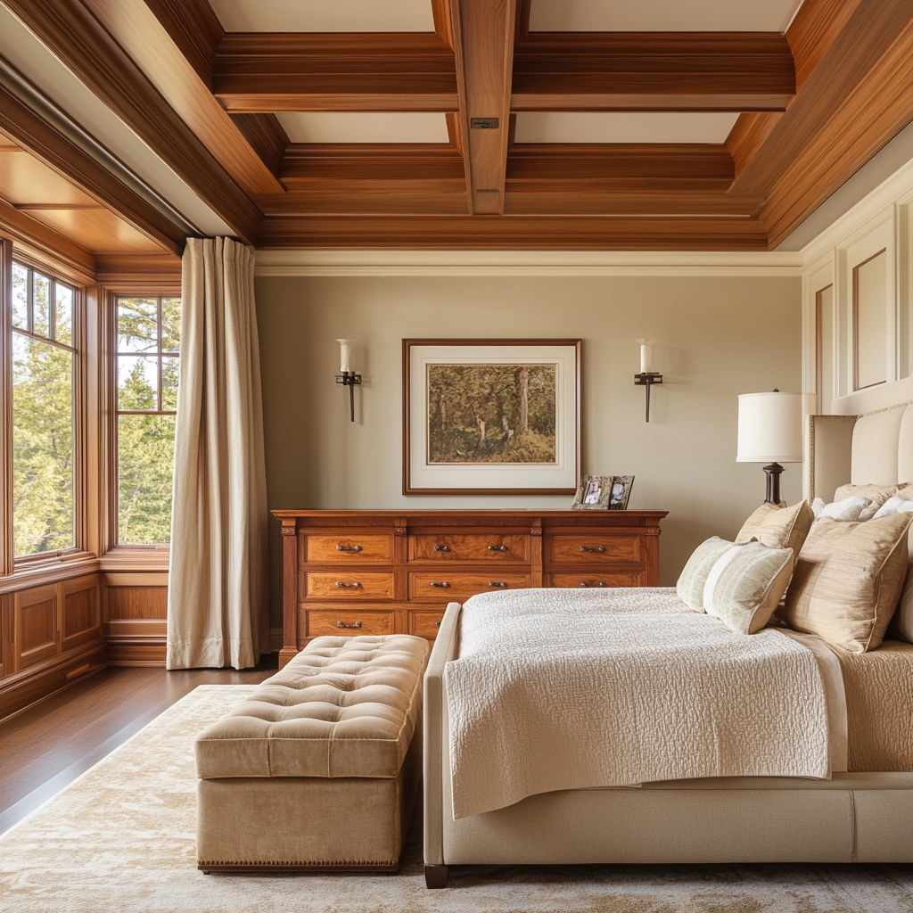 beige and dark wood bedroom 59