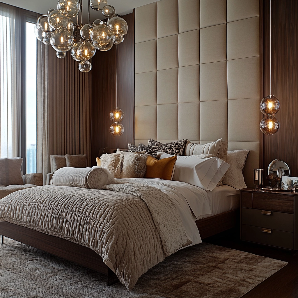 beige and dark wood bedroom 61