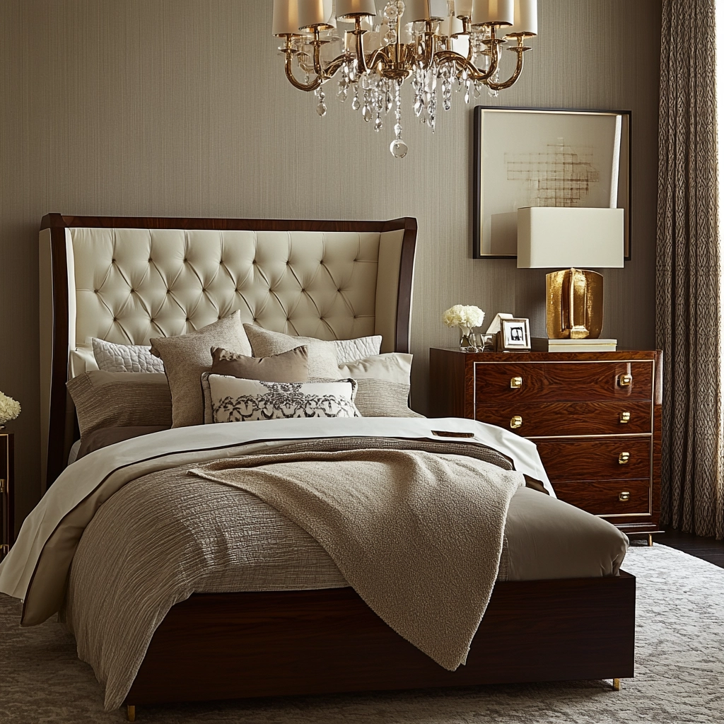 beige and dark wood bedroom 62