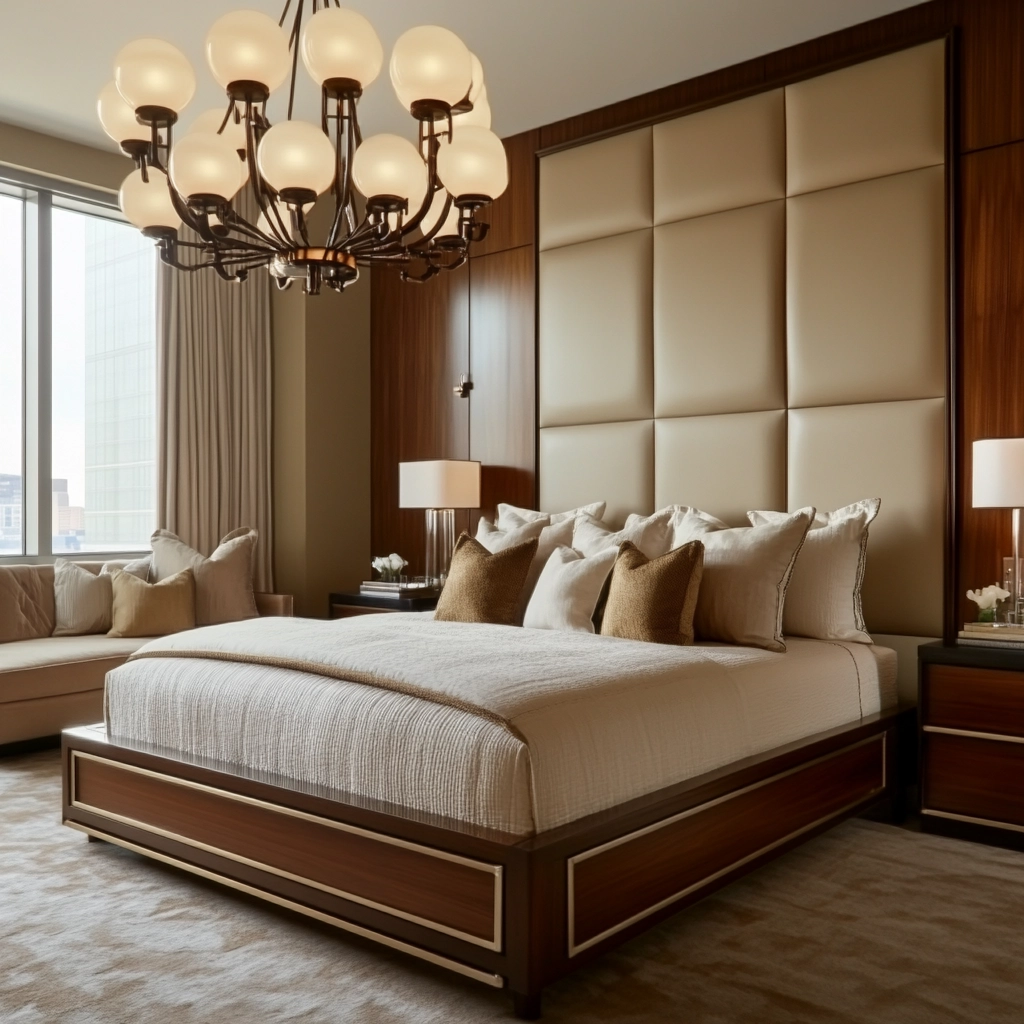 beige and dark wood bedroom 63