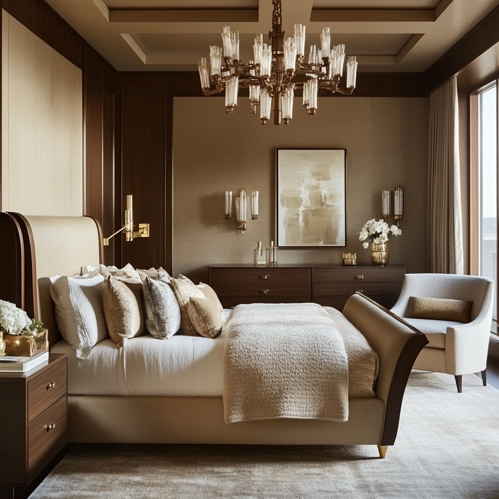 beige and dark wood bedroom 64