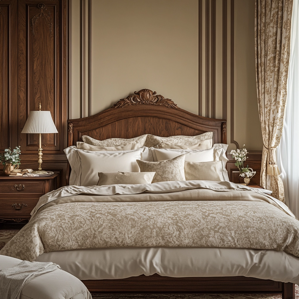 beige and dark wood bedroom 66
