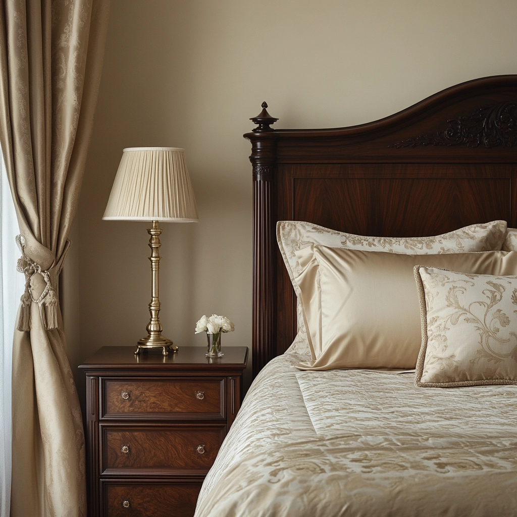 beige and dark wood bedroom 67
