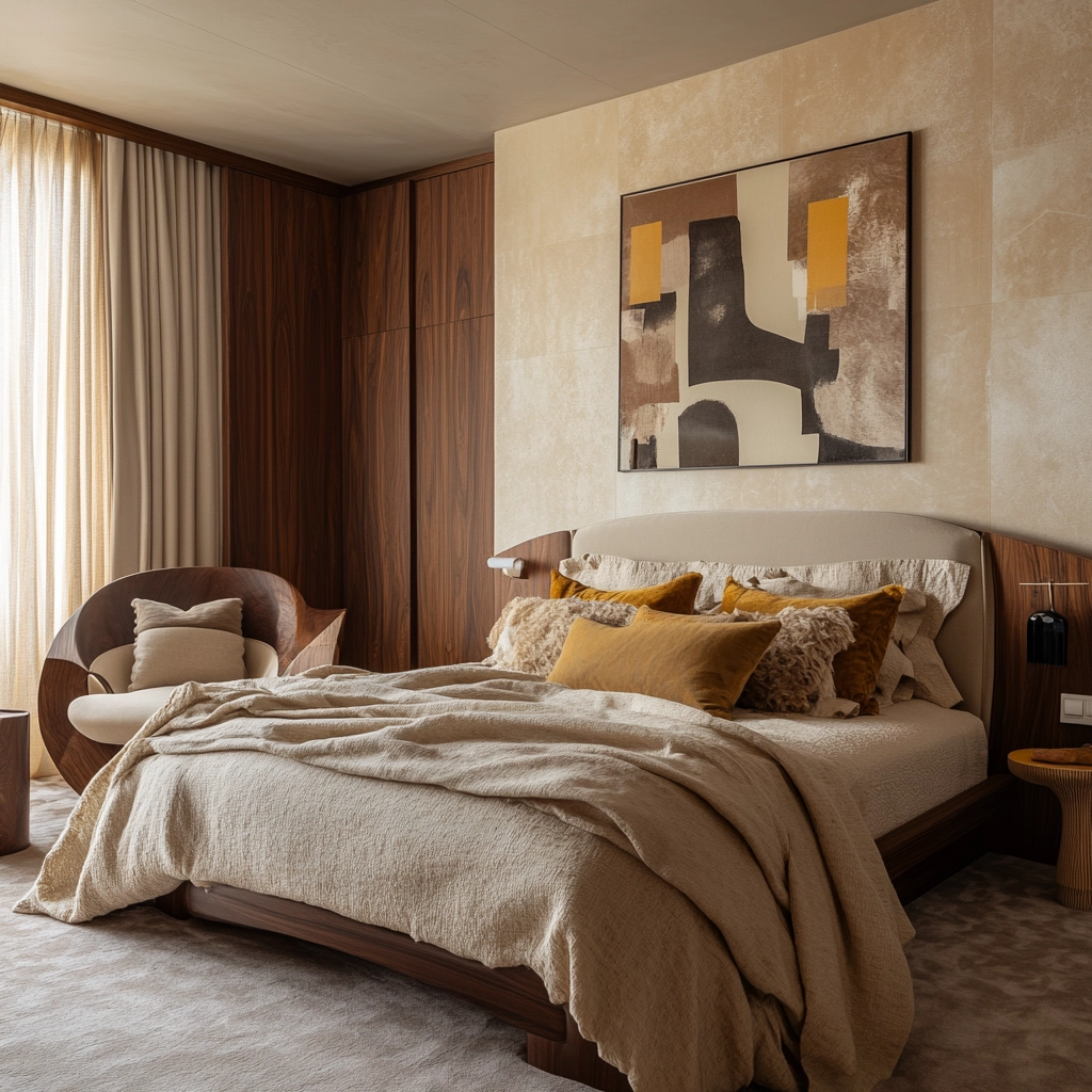 beige and dark wood bedroom 77