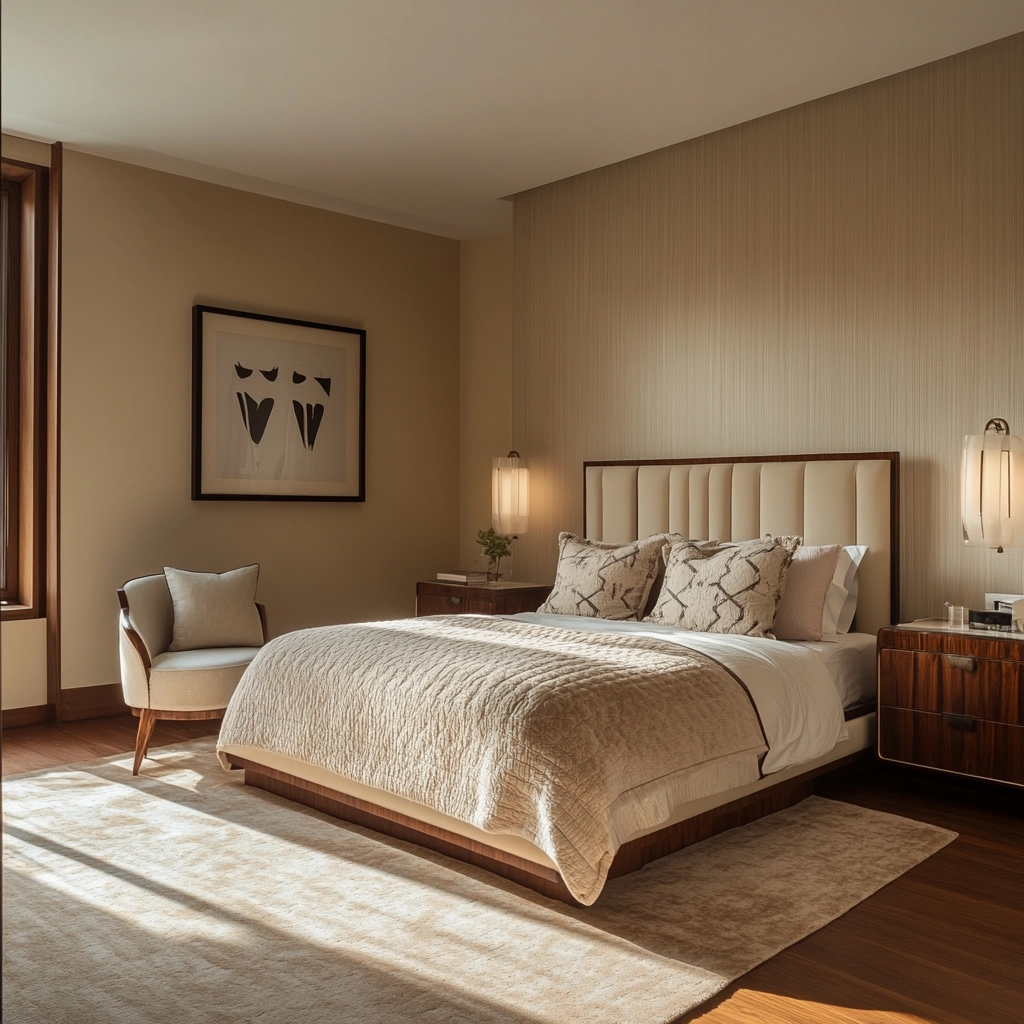 beige and dark wood bedroom 78