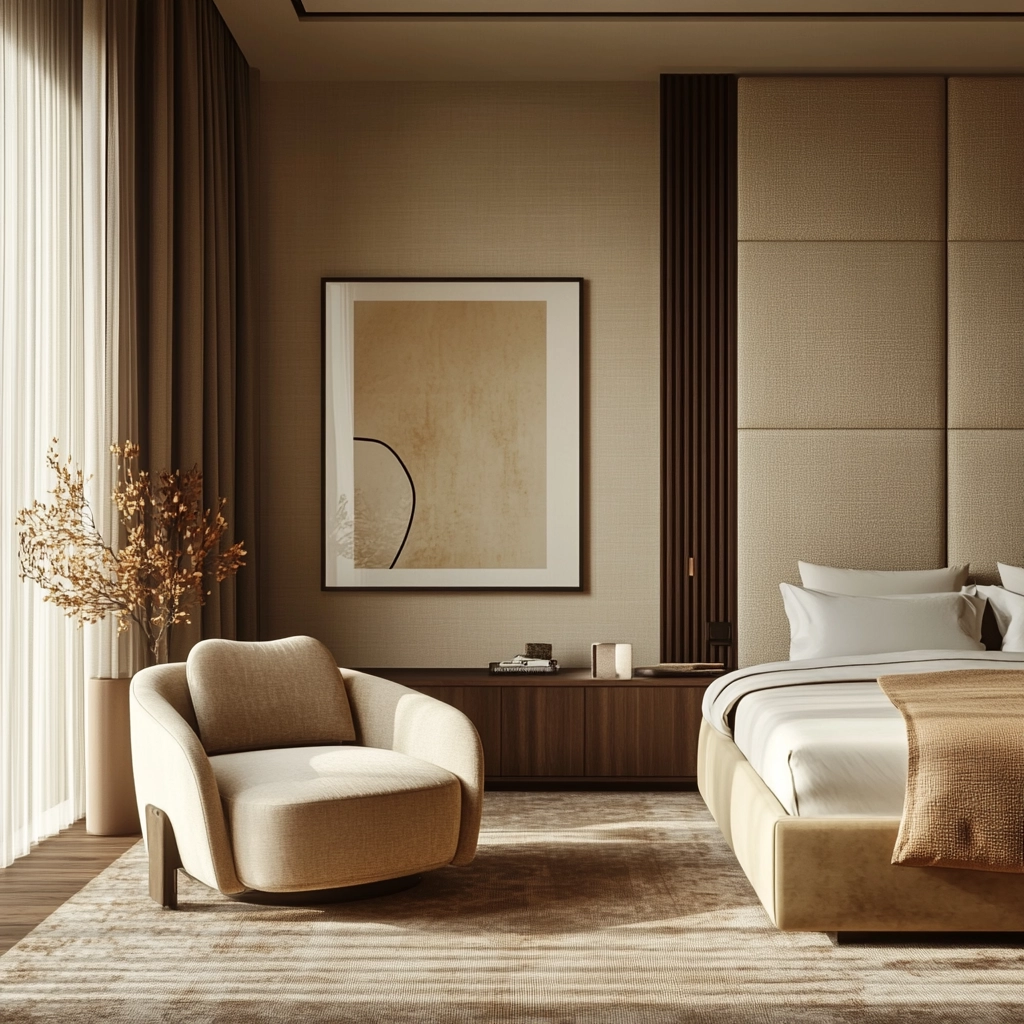 beige and dark wood bedroom 80