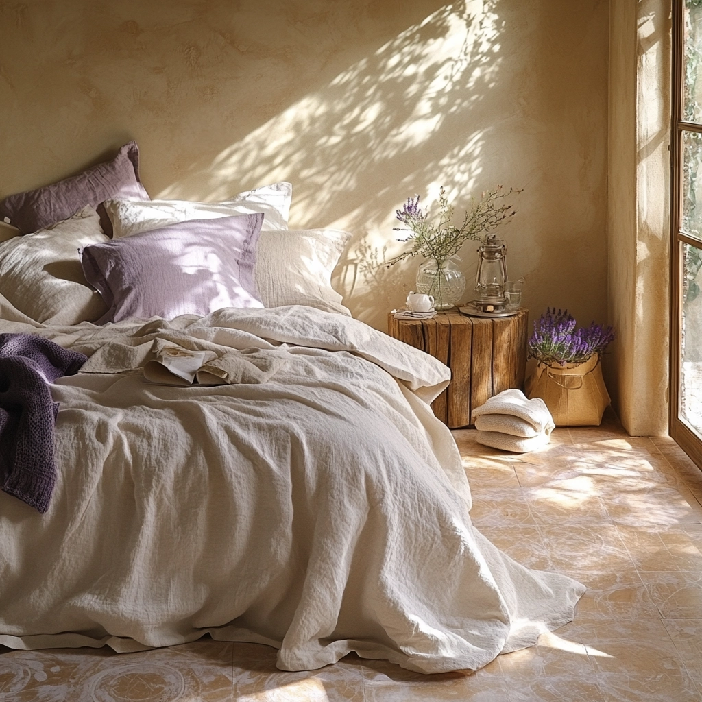 beige and lavender bedroom 17