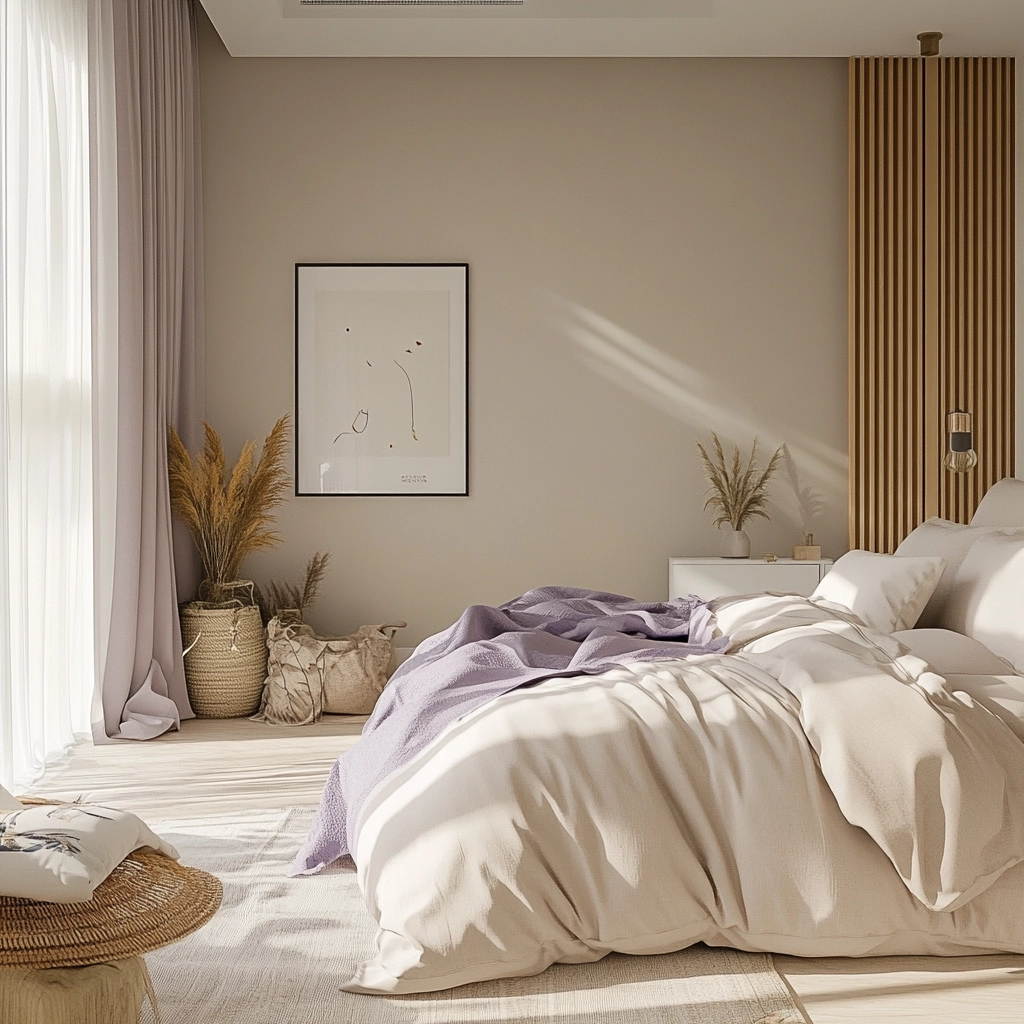 beige and lavender bedroom 32