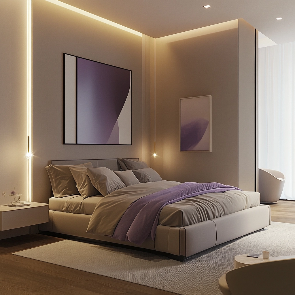 beige and lavender bedroom 40