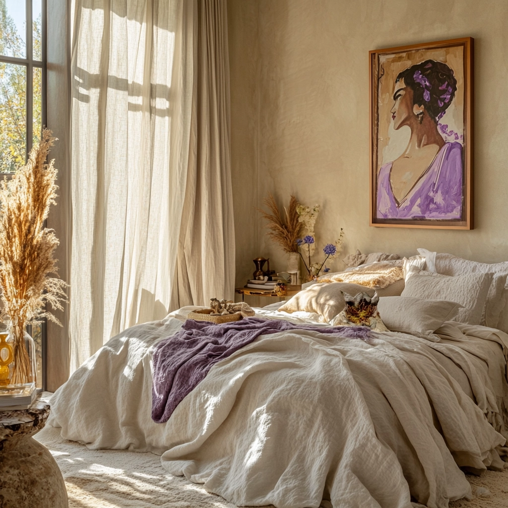 beige and lavender bedroom 41