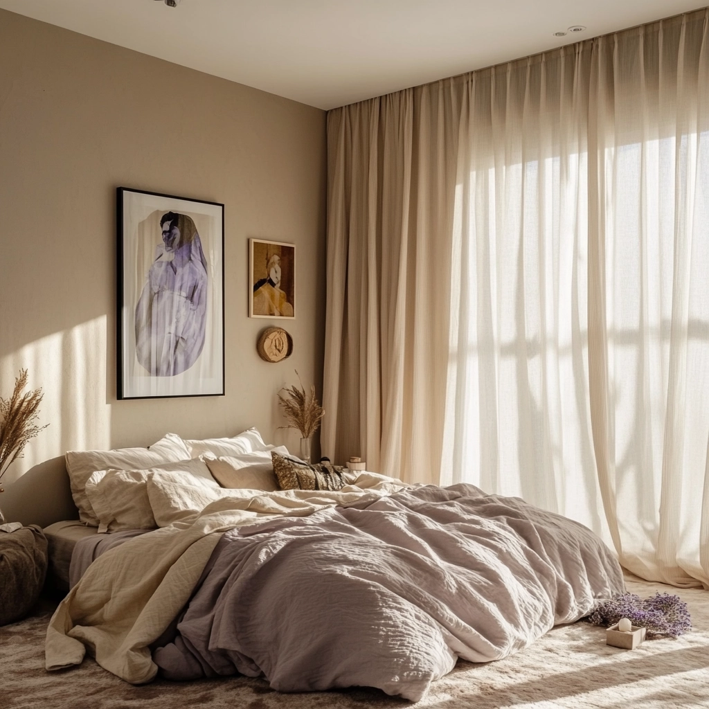 beige and lavender bedroom 42