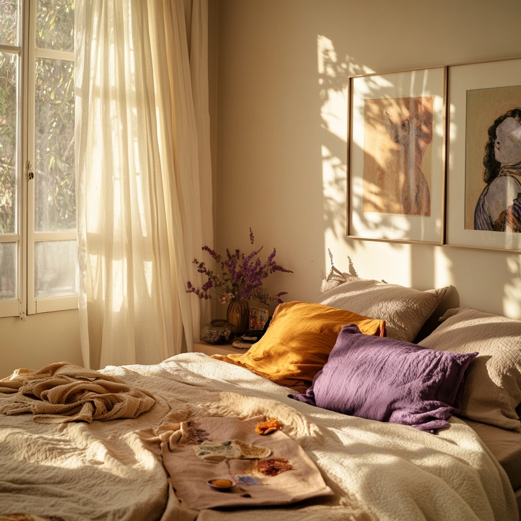 beige and lavender bedroom 44