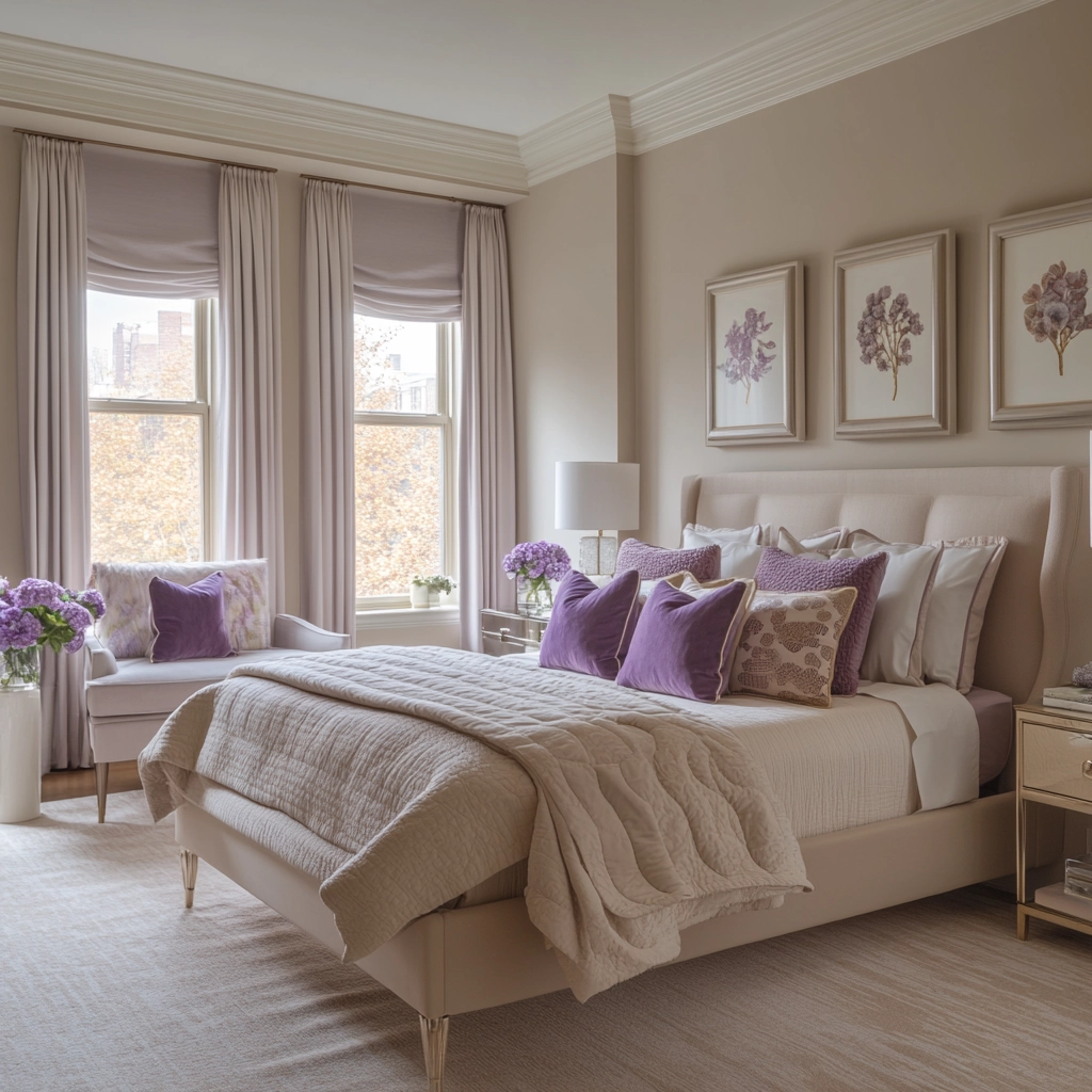 beige and lavender bedroom 51