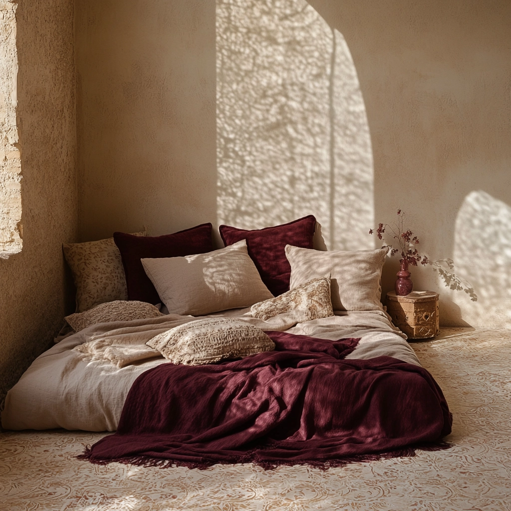 beige and maroon bedroom 10