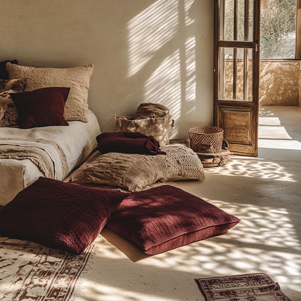 beige and maroon bedroom 11