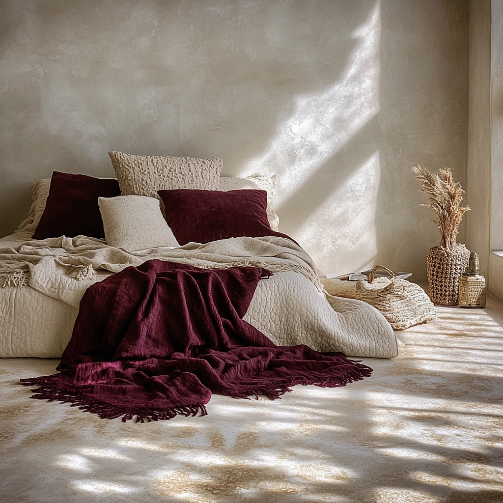 beige and maroon bedroom 12