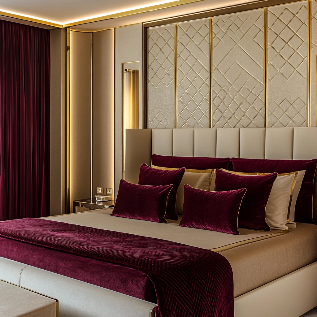 beige and maroon bedroom 14