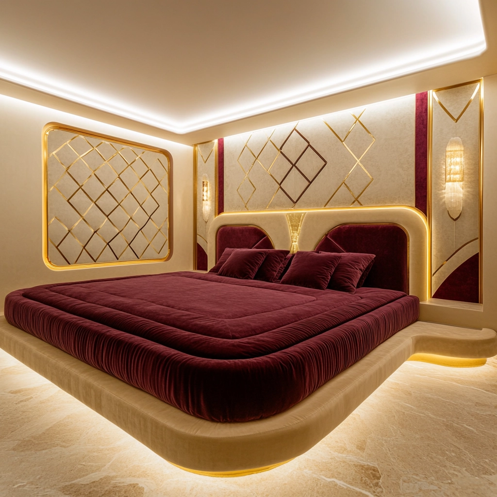 beige and maroon bedroom 16