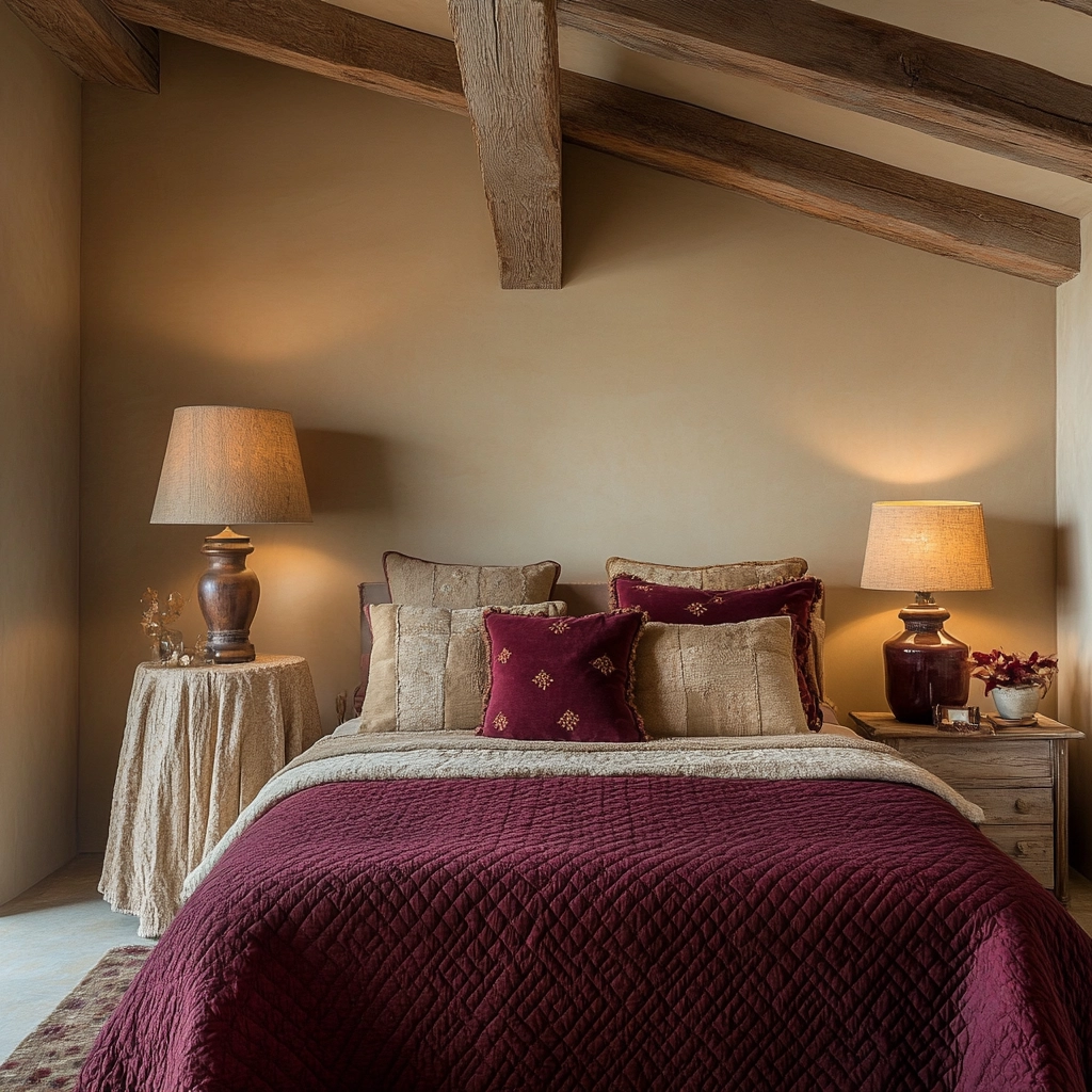 beige and maroon bedroom 41