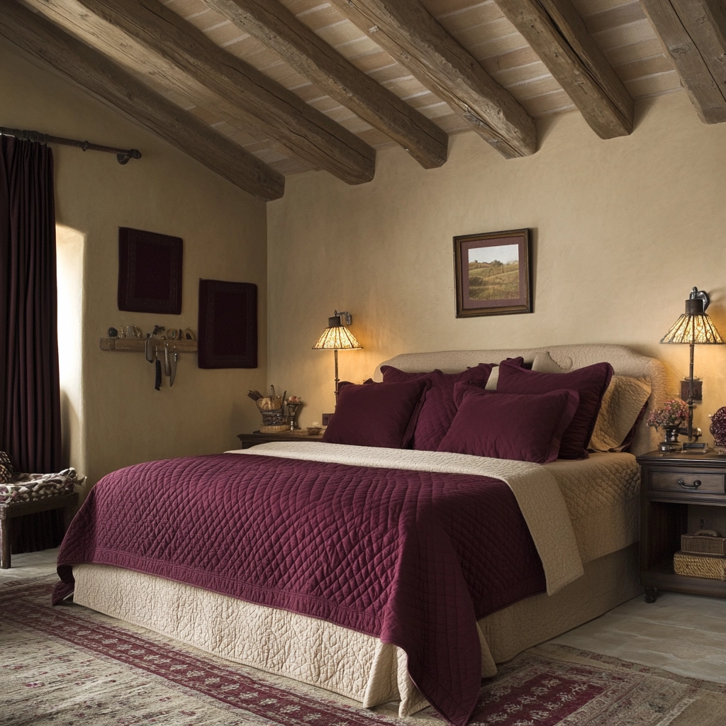 beige and maroon bedroom 44