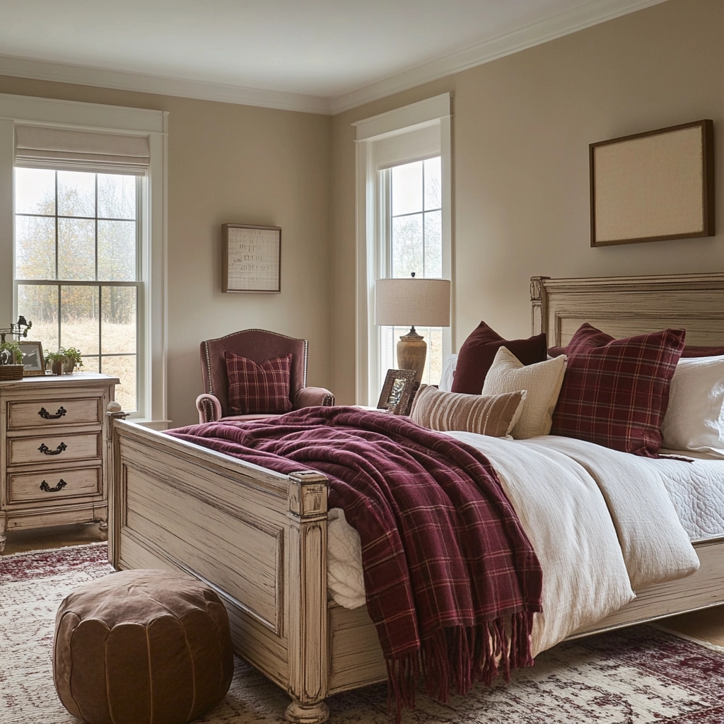 beige and maroon bedroom 45