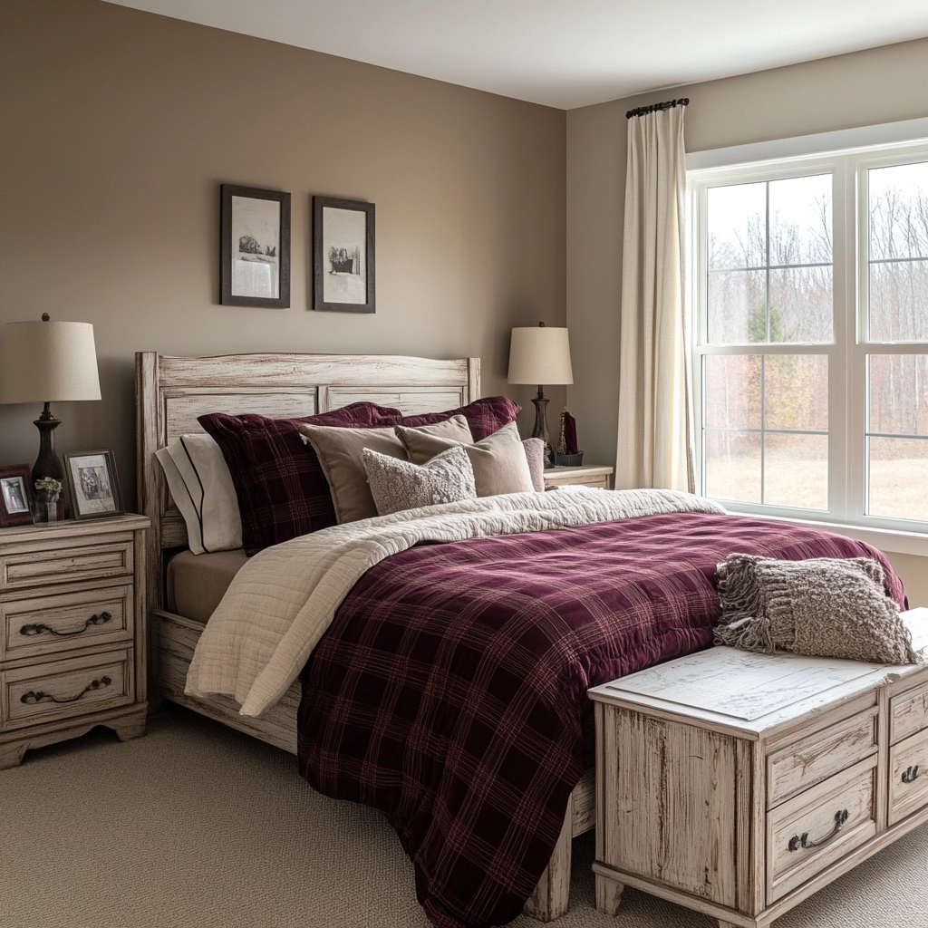 beige and maroon bedroom 46