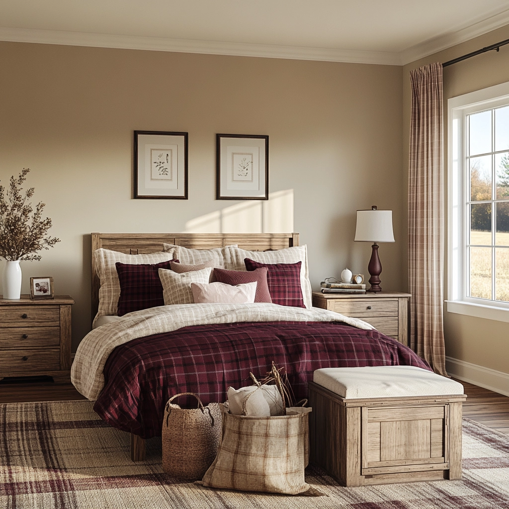 beige and maroon bedroom 47