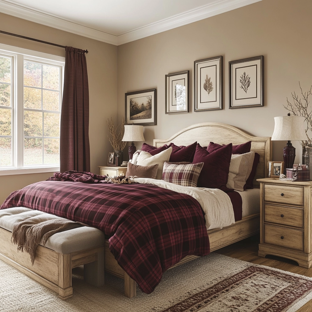 beige and maroon bedroom 48