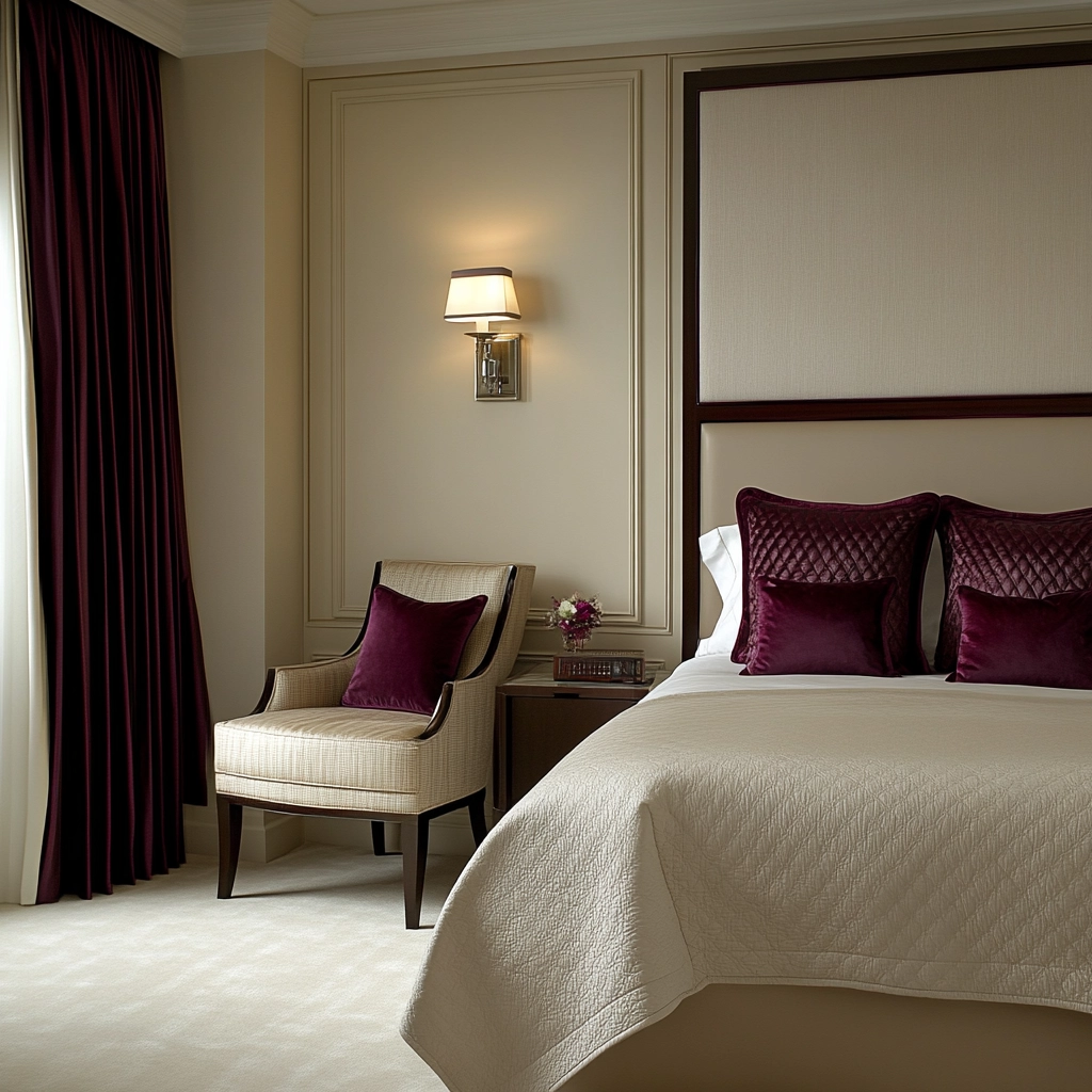 beige and maroon bedroom 53