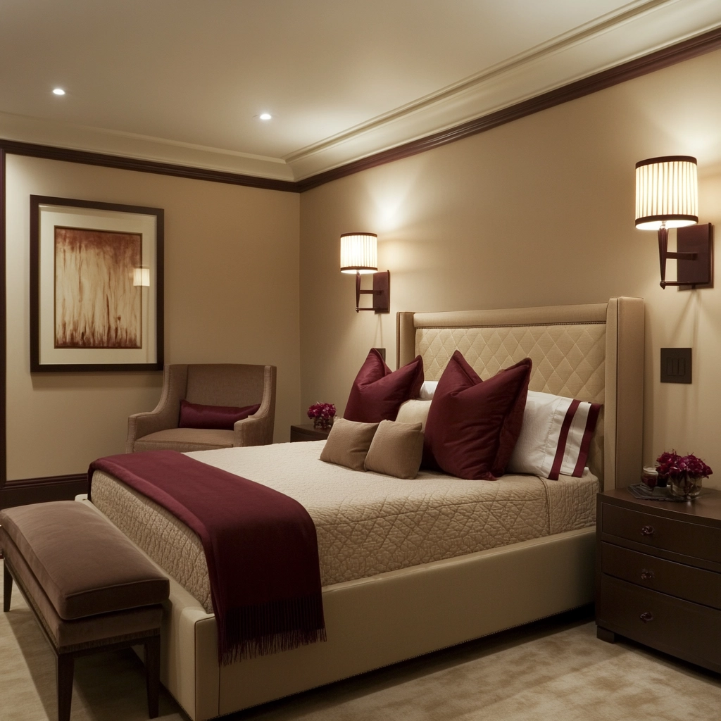 beige and maroon bedroom 55