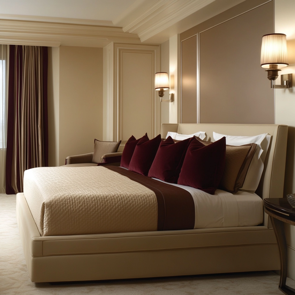 beige and maroon bedroom 56