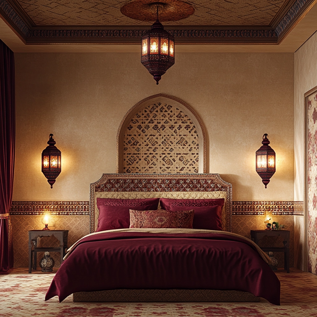 beige and maroon bedroom 67