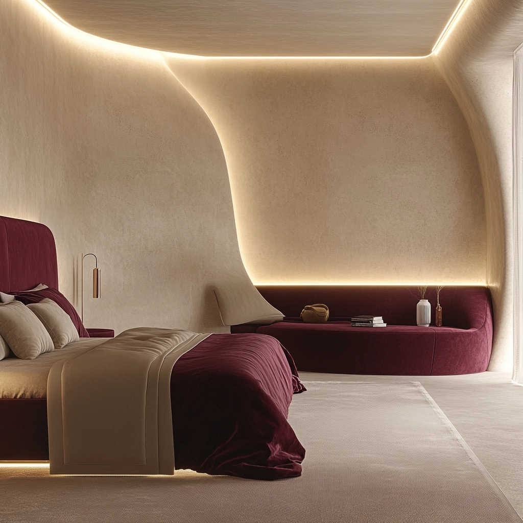 beige and maroon bedroom 70