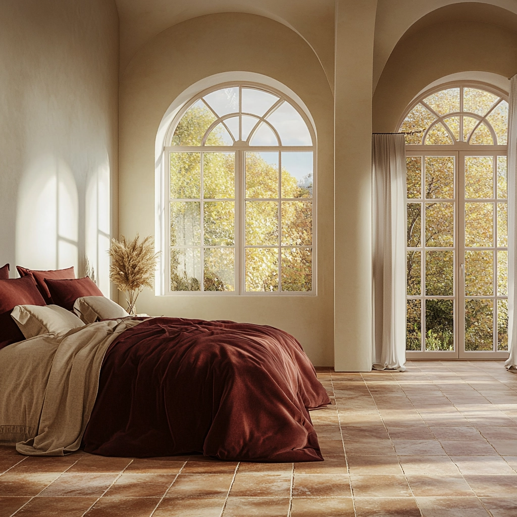 beige and maroon bedroom 74
