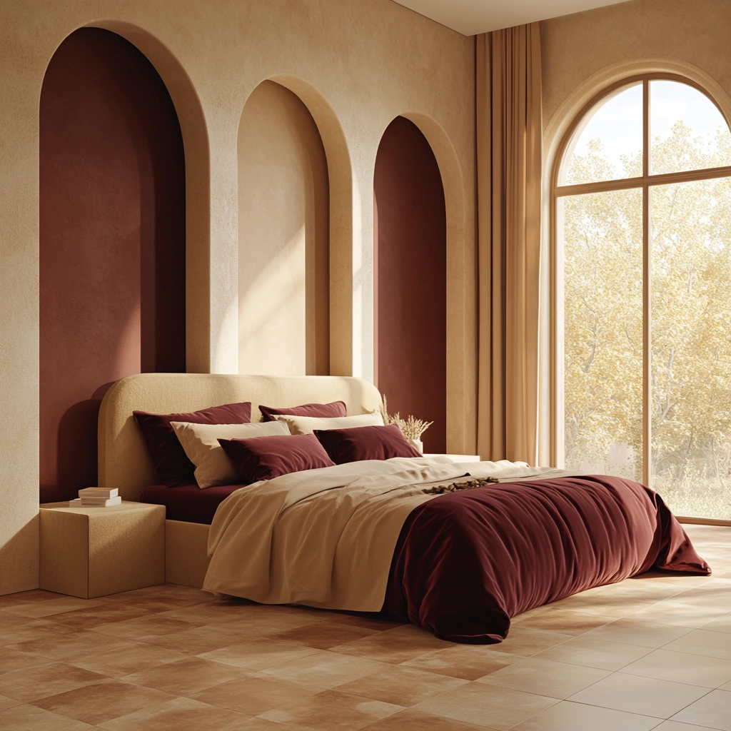 beige and maroon bedroom 75