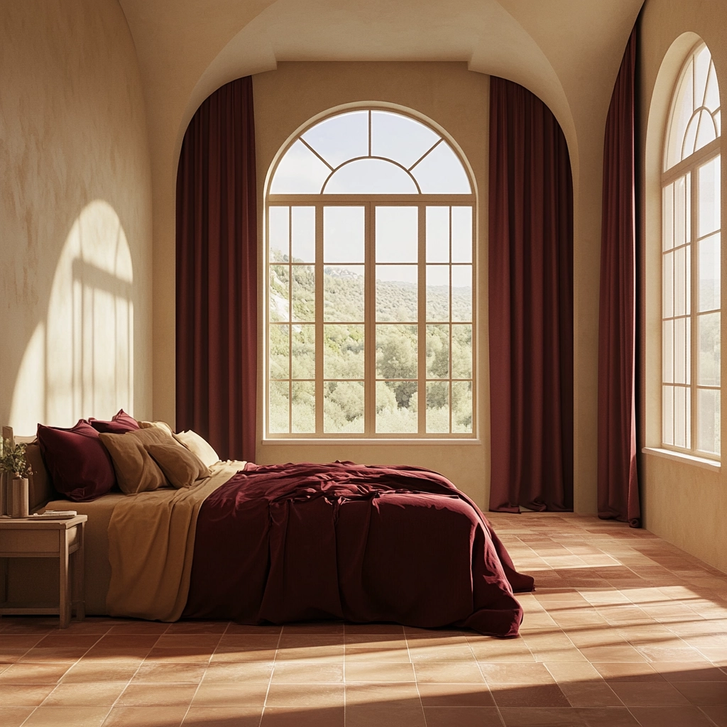 beige and maroon bedroom 76