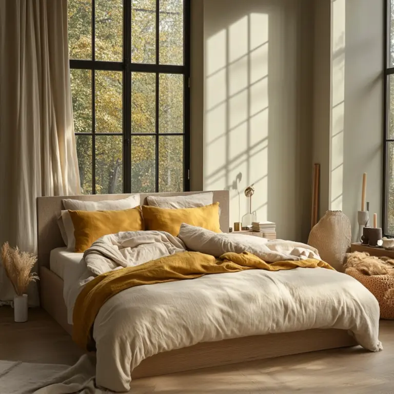 beige and mustard bedroom 1