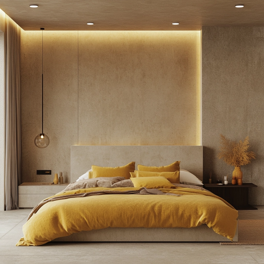 beige and mustard bedroom 22