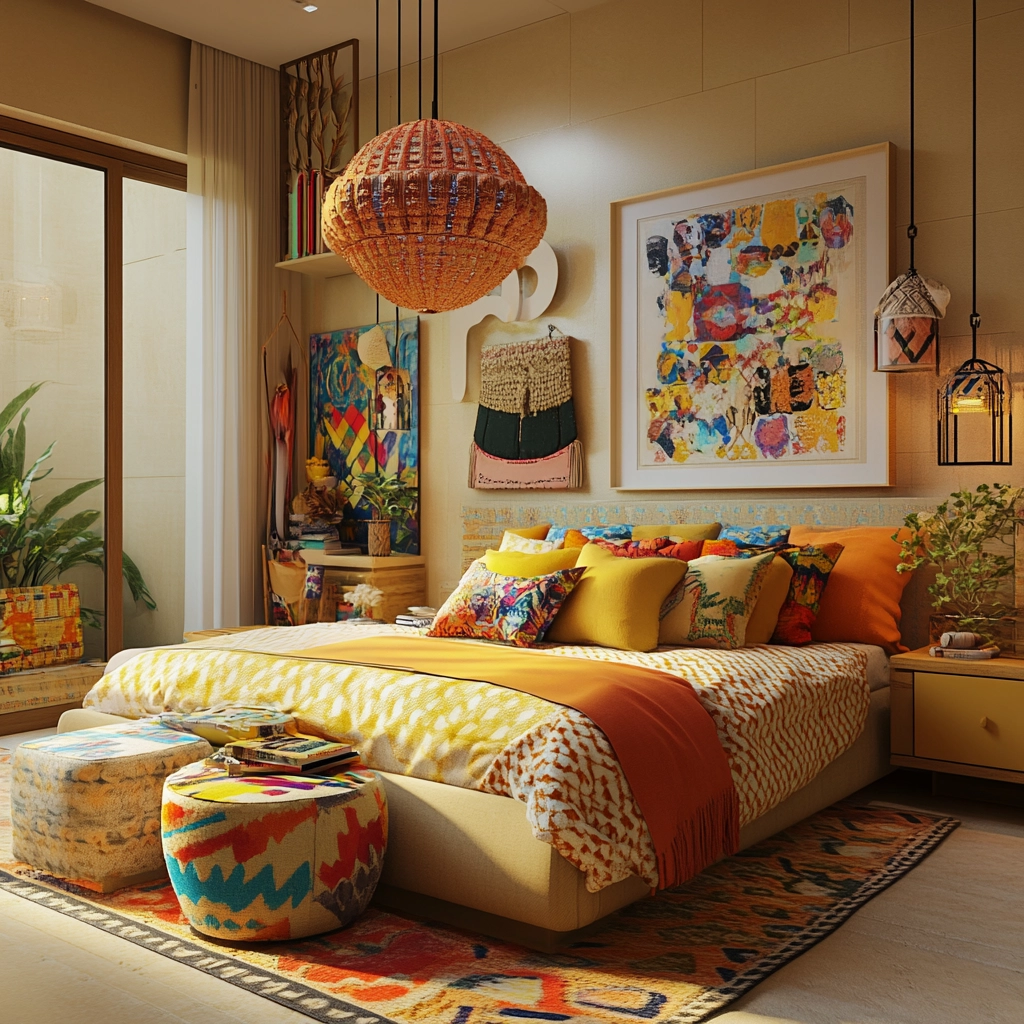beige and mustard bedroom 32