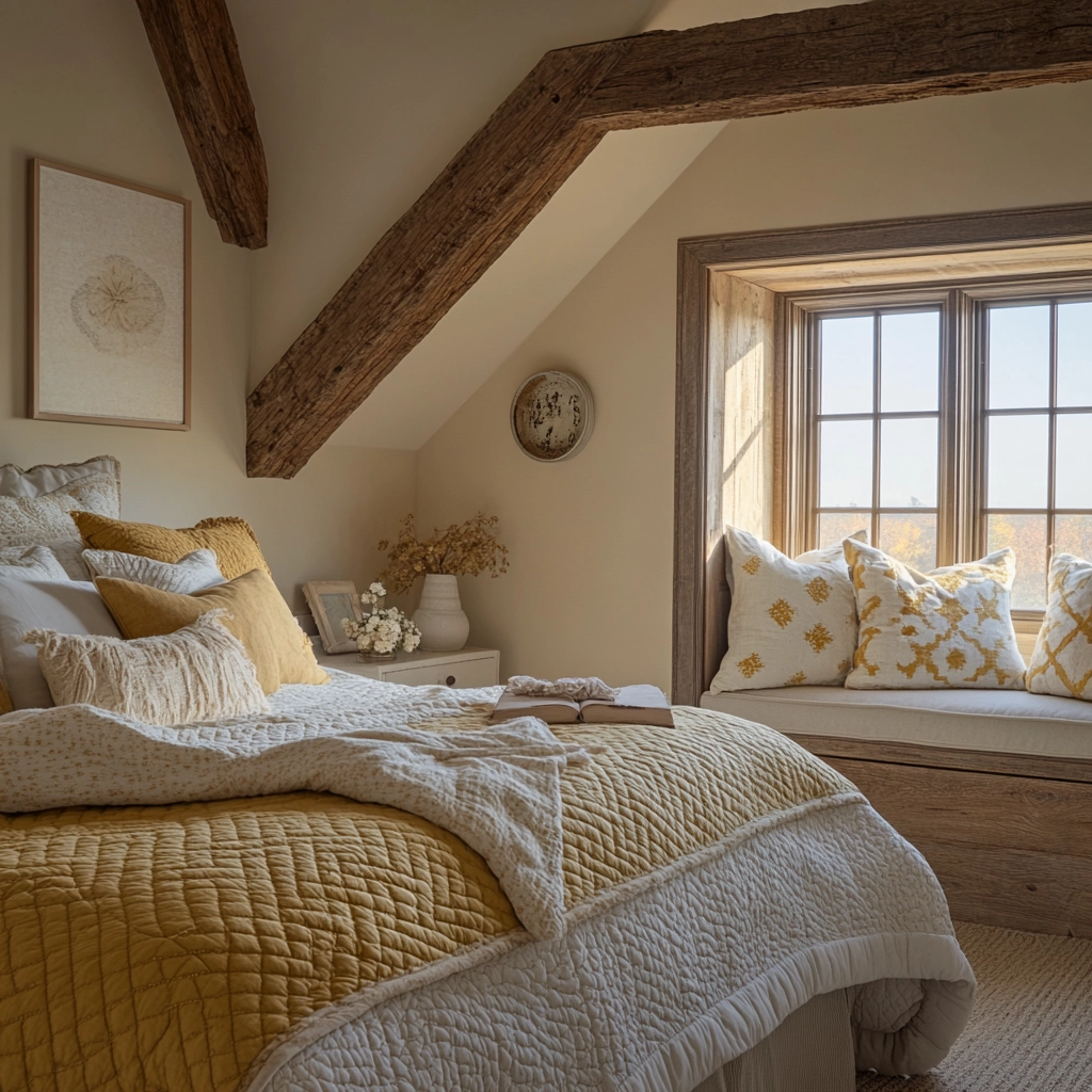 beige and mustard bedroom 37