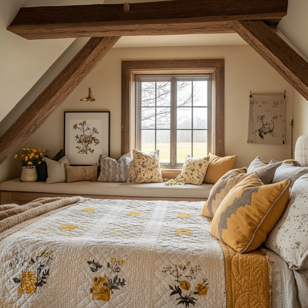 beige and mustard bedroom 38