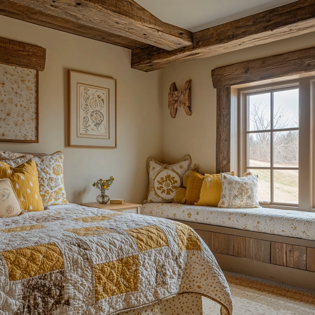 beige and mustard bedroom 39