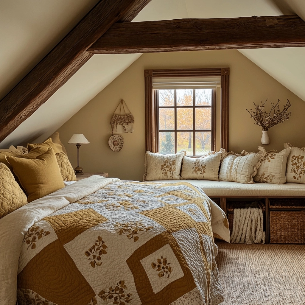 beige and mustard bedroom 40