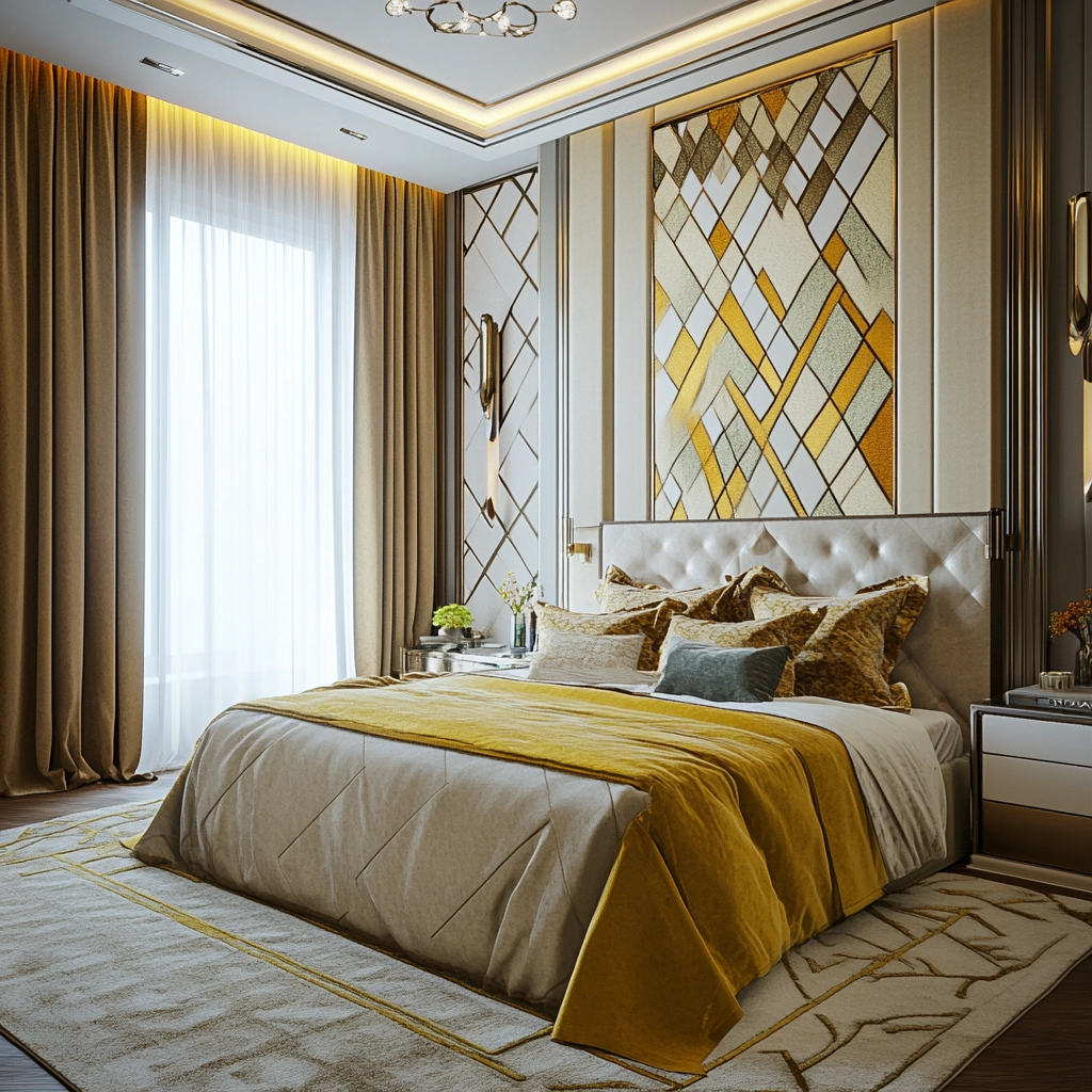 beige and mustard bedroom 41